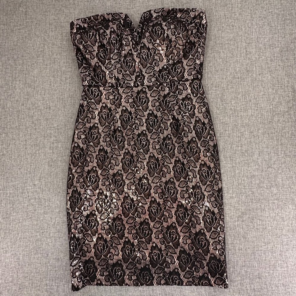 Bisou Bisou Cocktail Party Dress Sparkly Black Strapless Floral Lace‎ Pattern